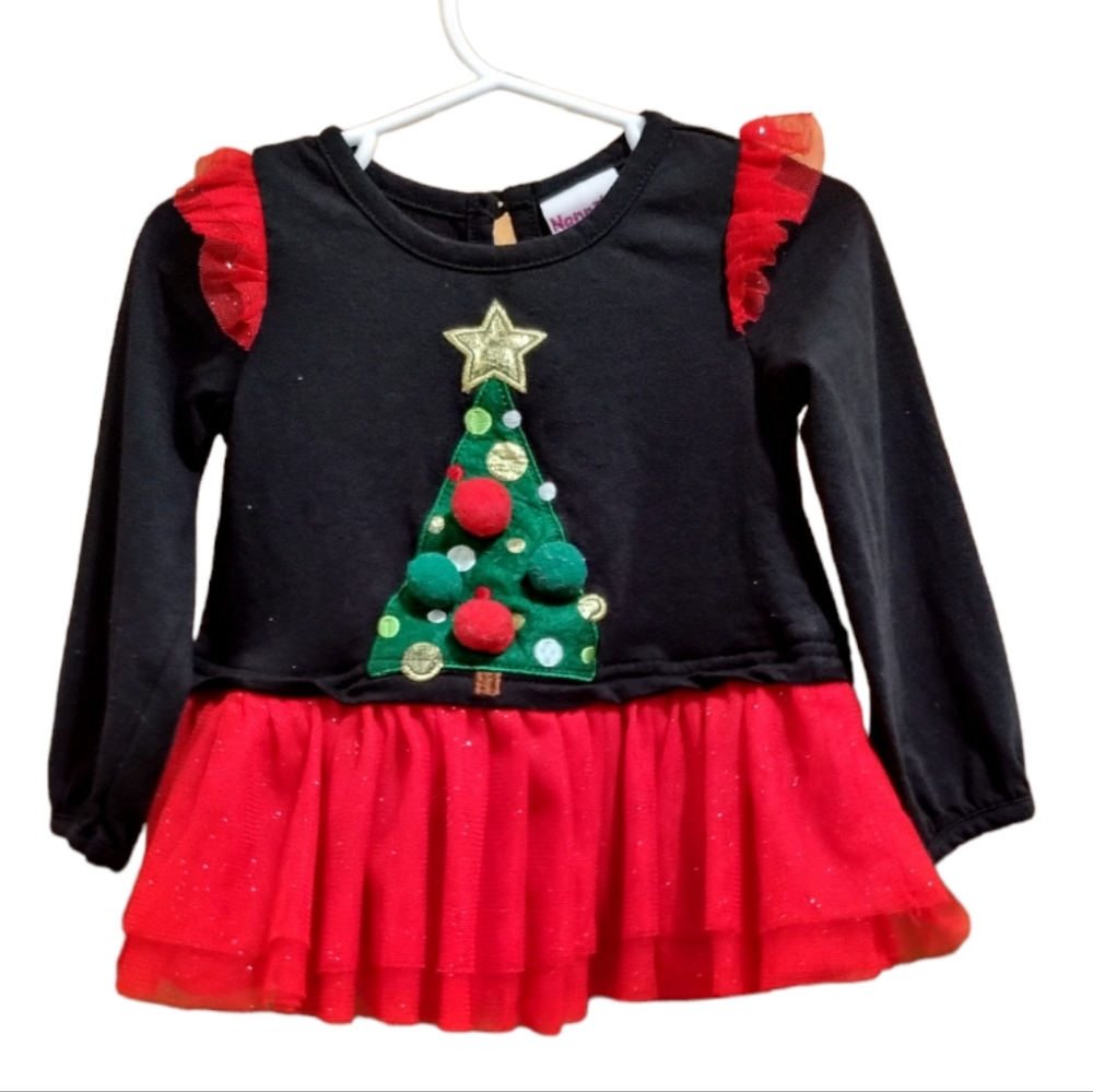 Annette Kids holiday Christmas tree peplum pom pom black red green 2T Shirt